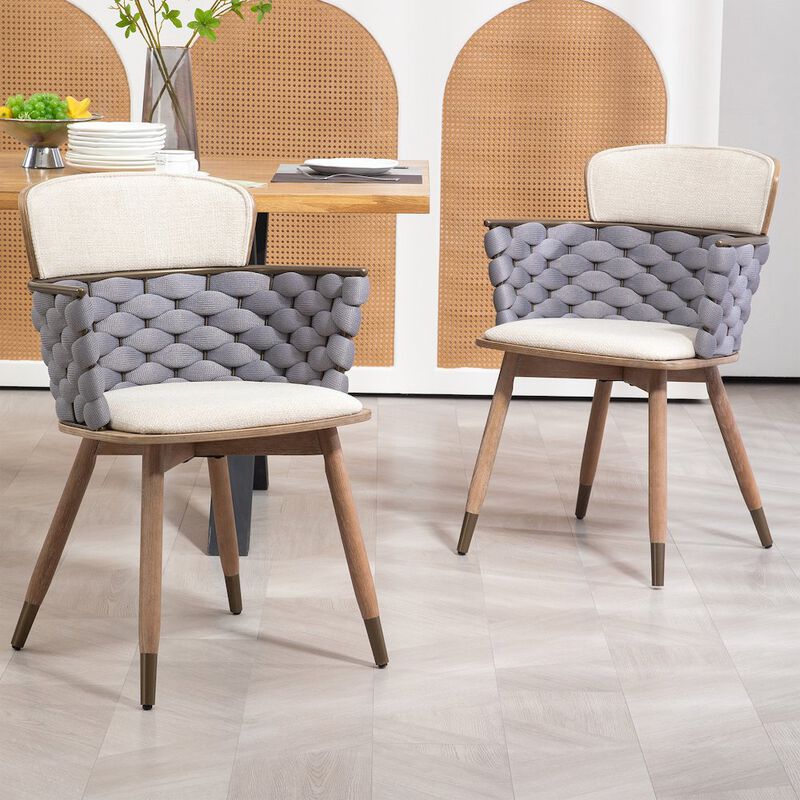 Glamour Home Set of 2 Bechor Beige and Gray Woven Fabric Dining Chair with Natural Wood Legs