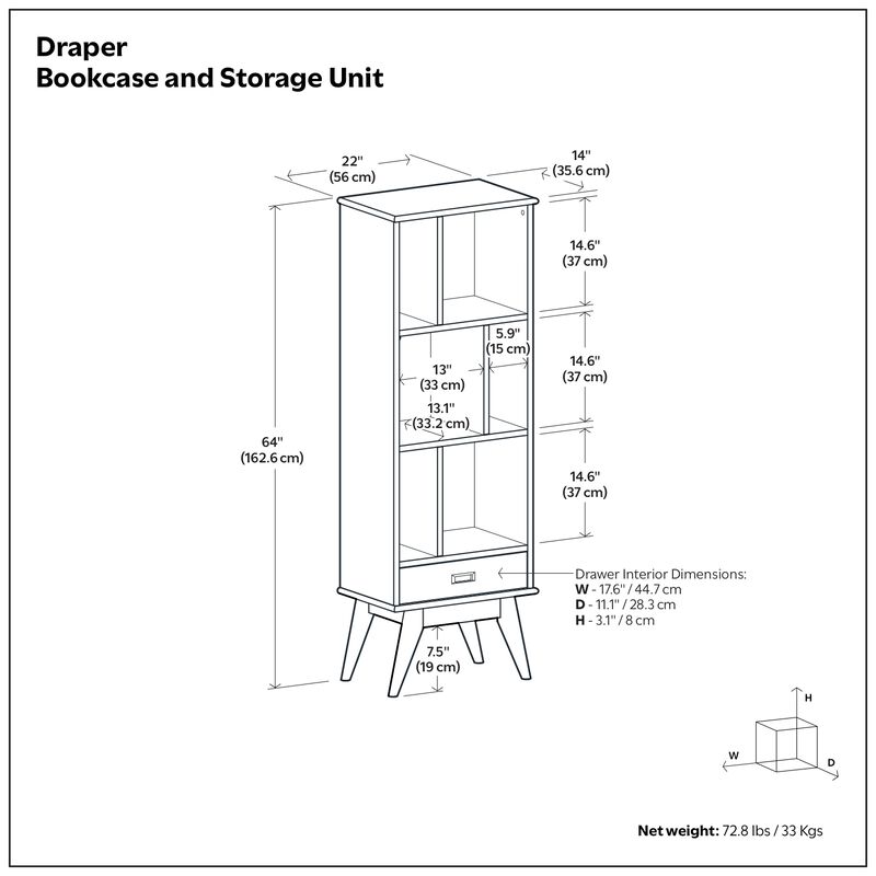 Draper SOLID HARDWOOD 64 inch x 22 inch Mid Century Modern Bookcase and Storage Unit in White