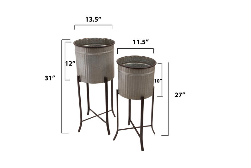 2‑Piece Round Corrugated Metal Planters on Stands, Silver and Black image number 2