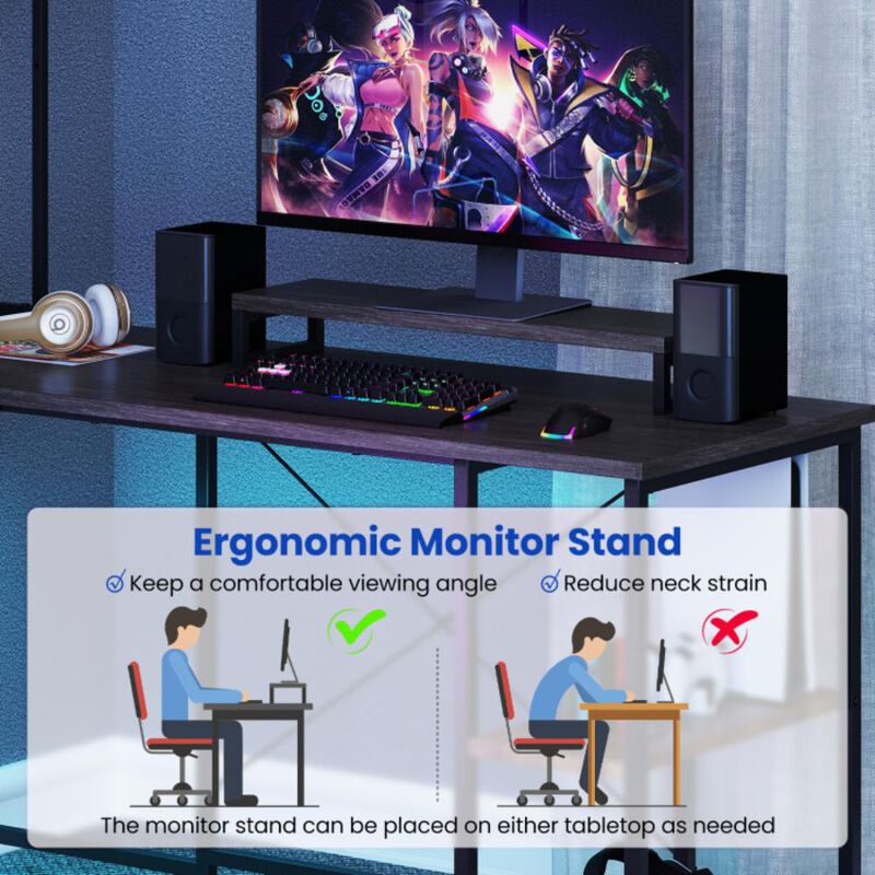 Hivvago L-Shaped Reversible Gaming Desk with LED Strip and Power Outlets Hutch Monitor Stand
