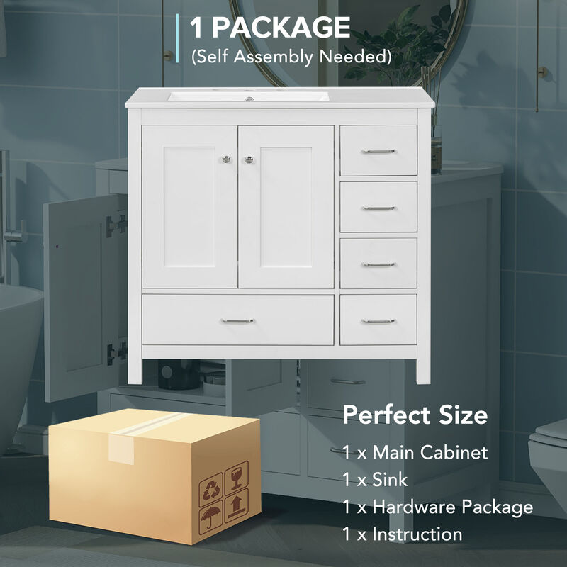 Merax Bathroom Vanity with Ceramic Sink  Freestanding Recessed  5 Drawers & 2 Soft-Close Doors Storage Cabinet Combo