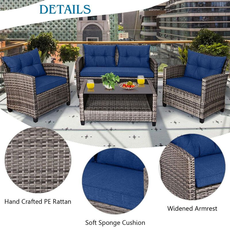 Mondawe 4 Pieces Patio Rattan Furniture Set with Coffee Table and Cushioned Sofa