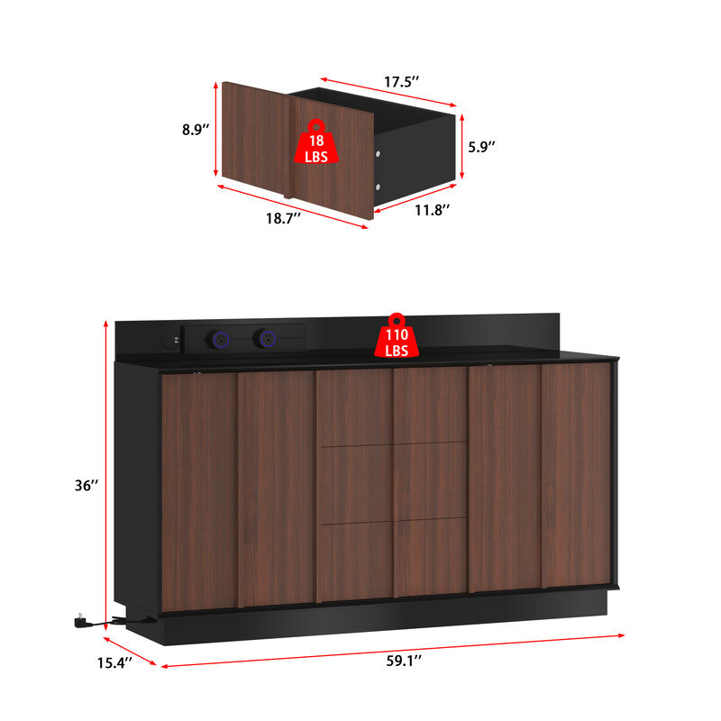 FUFU&GAGA High‑Gloss Black and Brown Wood Grain Cabinet with Sliding Power Socket Vertical Strip Accents 59.1''L x 15.4''W x 36''H