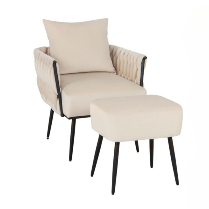 Hivvago Modern Dutch Velvet Accent Chair and Ottoman Set with Weaved Back and Arms