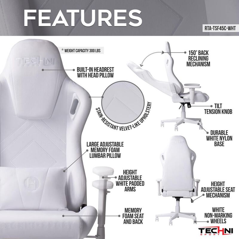Techni Sport Velvet Gaming Chair - White