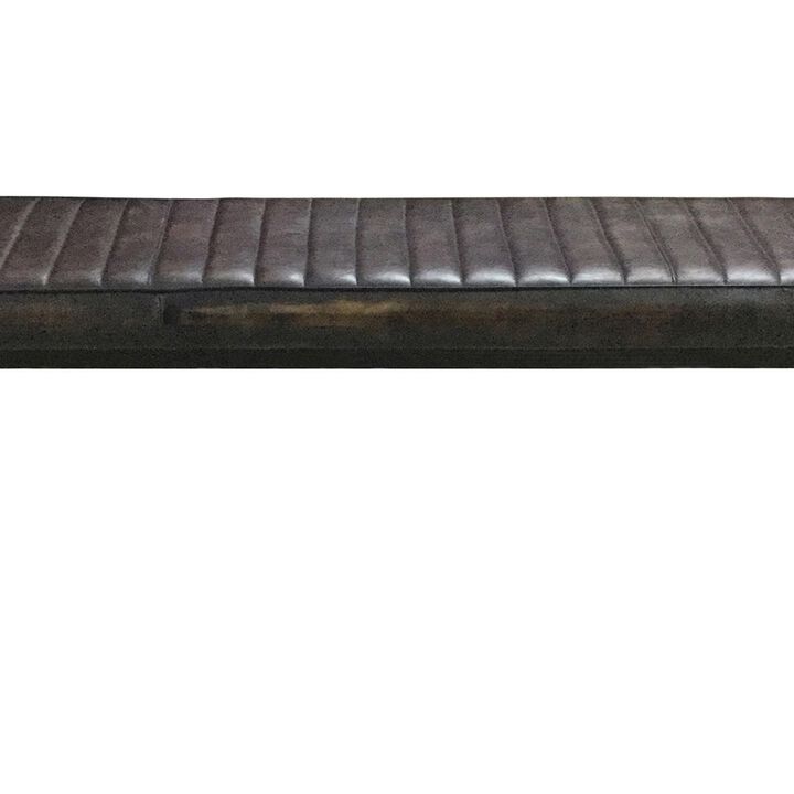 Mia 54 Inch Bench, Hand Dyed Espresso Brown Leather, Vertical Tufting -Benzara