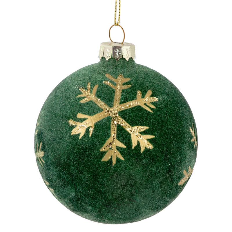 4ct Green Velvet Glass Christmas Ball Ornaments with Gold Snowflakes 3" (80mm)
