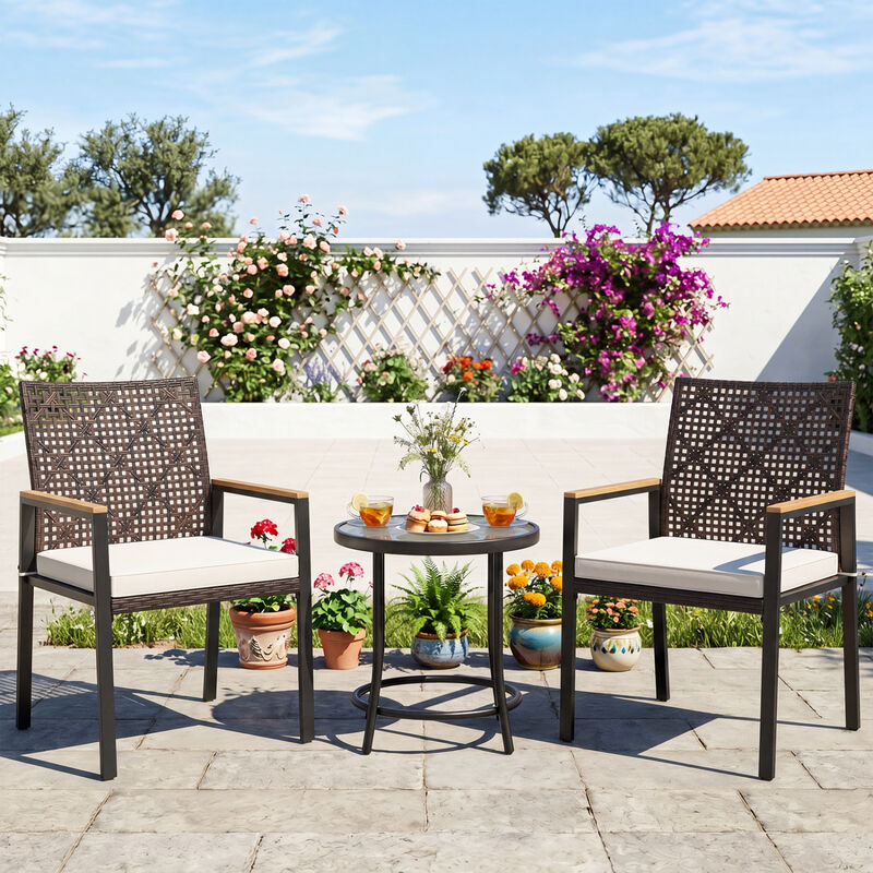Hand Woven Patio Chairs Set of 4 with Acacia Wood Armrests Outdoor image number 6