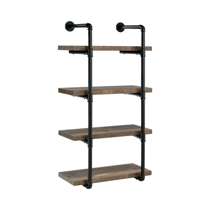 Wall Shelf with 4 Shelves and Piped Metal Frame, Brown and Black