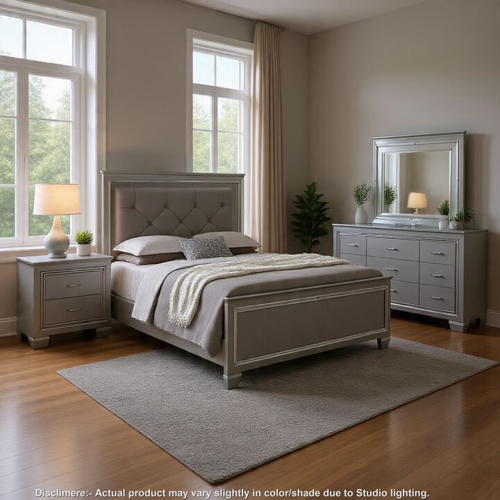 Tily 4 Pc Queen Size Bedroom Set, Crocodile Embossed Panels, LED, Silver