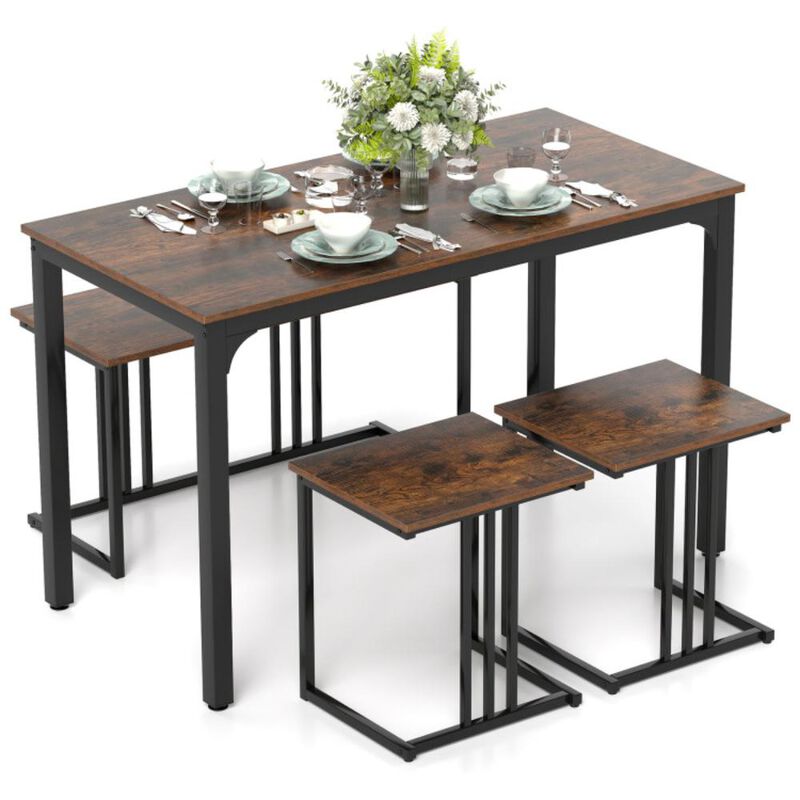 Hivvago 4 Pieces Industrial Dining Table Set with Bench and 2 Stools