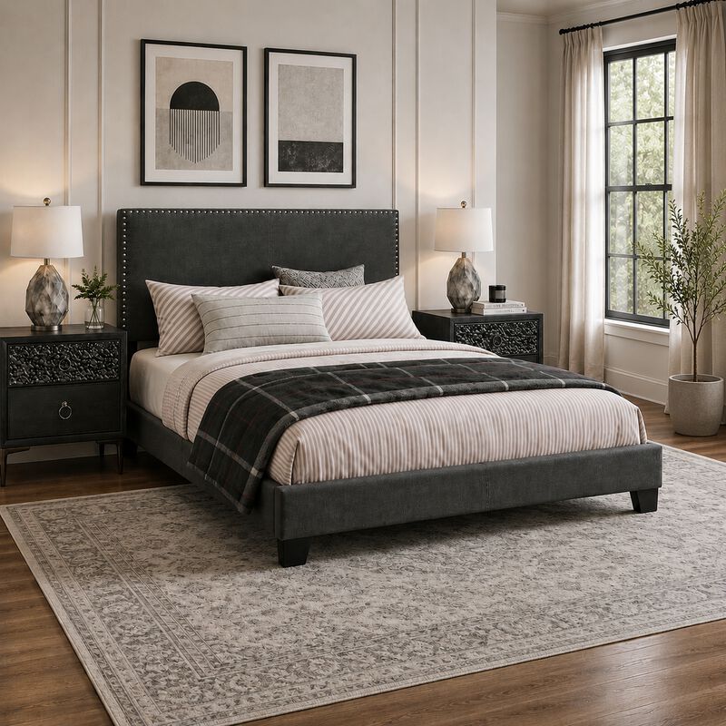 King Bedroom Set, Espresso Brown, Silver, Black Wood, 3 Piece Set with 2 Nightstands image number 8