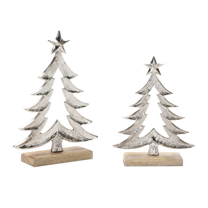 Metal Tabletop Christmas Trees with Wooden Bases – Set of 2 Modern Rustic Decor Pieces for Holiday Displays