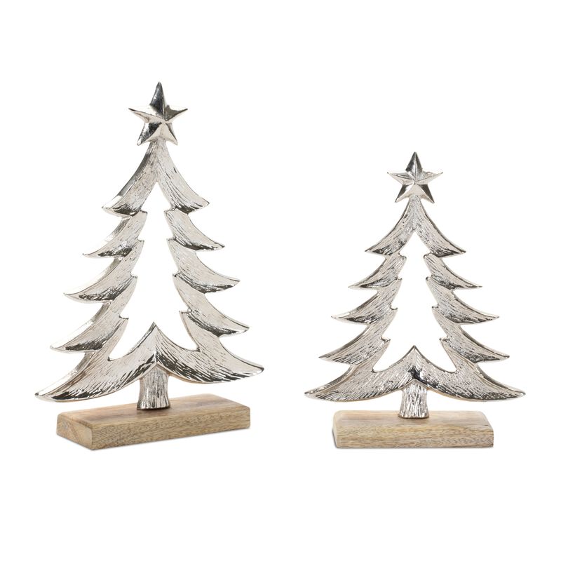 Metal Tabletop Christmas Trees with Wooden Bases – Set of 2 Modern Rustic Decor Pieces for Holiday Displays