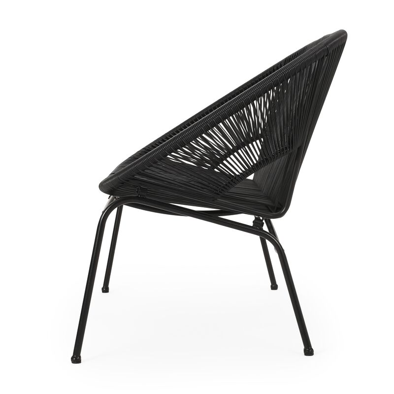 Remma Loveseat, Outdoor Rattan, Basket Woven, Black Iron Frame, 52 Inch - Benzara