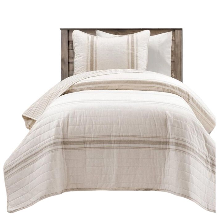 Hivvago Beige Off-White Cream Stripe Reversible Cotton Quilt Set