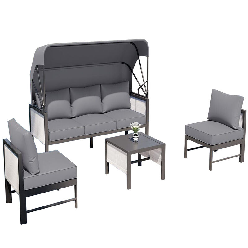 Mondawe Aluminum Patio Furniture Sets, 4 Pieces Outdoor Sectional Sofa with Retractable Canopy, Patio Conversation Set with Cushions for Outdoor