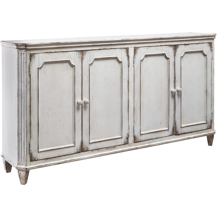 4 Panel Door Cabinet with Fluted Detail, Antique White - Benzara