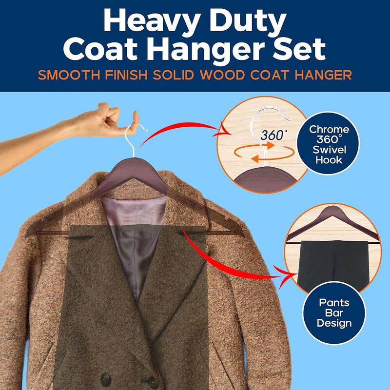 Wooden Clothes Hangers &ndash; Durable Space Saving Hanger, Non-Slip, Versatile for Organizing Dress, Coat, and Clothes, Can Hold Up To 10 lbs, With 360 Degree Swivel Hook, Cherry Color, Pack of 10