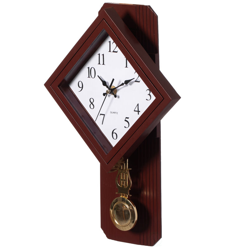 Wood-Look Pendulum Plastic Wall Clock, Farmhouse Decor for Living Room, Kitchen, or Dining Room, Silent Clock with Roman Numerals, Battery Powered, Large Decorative Wall Clock, Easy-to-Read, Brown
