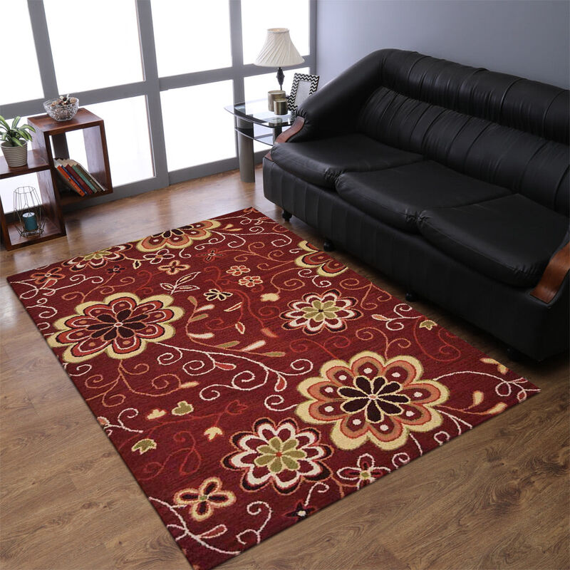 RUGSOTIC CARPETS HAND TUFTED WOOL ECO-FRIENDLY AREA RUGS  - 5'x8', Rectangle Shape, Red, Floral Modern Design, High Pile Thick Handmade Anti Skid Area Rugs for Living Room, Bed Room (K00656)
