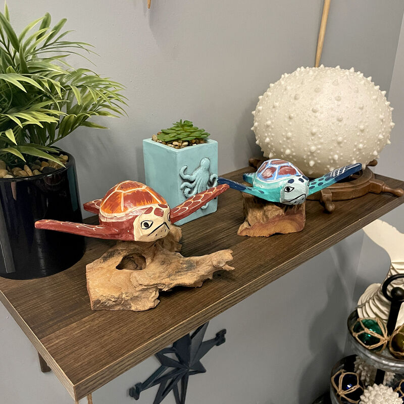 Handcrafted Sea Turtle Sculptures Set of 2, Coastal Wood Art, Ocean Home Decor image number 8