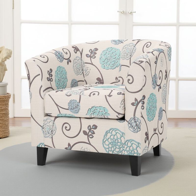 Accent Club Chair, Round Arms, Cream Blue Fabric Floral Details, Birch Wood