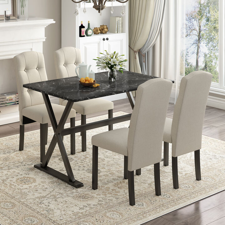 Solid Wood 5-Piece Dining Table Set with Faux Marble Tabletop and Upholstered Dining Chairs for 4, Faux Marble Black+Beige