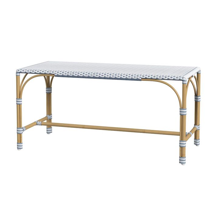 Butler Specialty Tobias 40 in. W Outdoor Rectangular Rattan Dining Bench, White and Sky Blue Dot