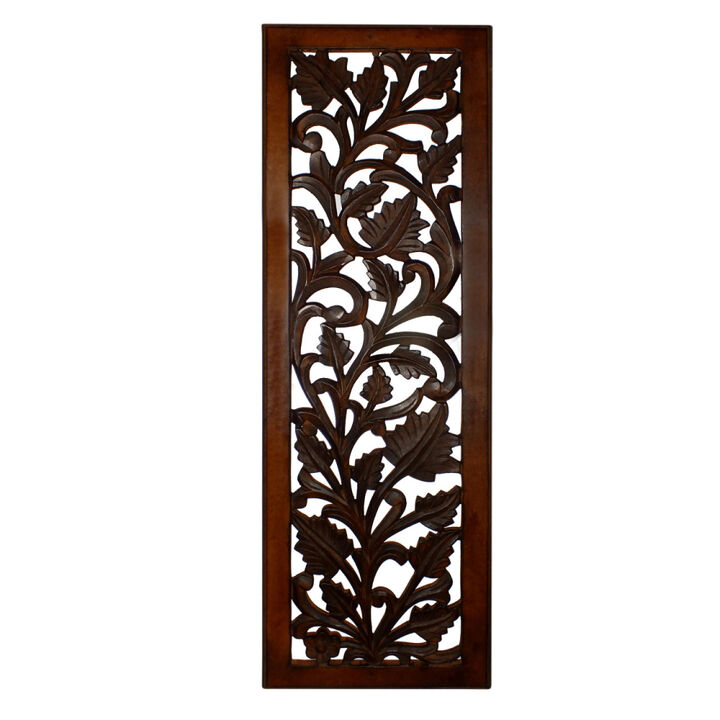Mango Wood Wall Panel Hand Crafted with Leaves and Scroll Work Motif, Brown-Benzara