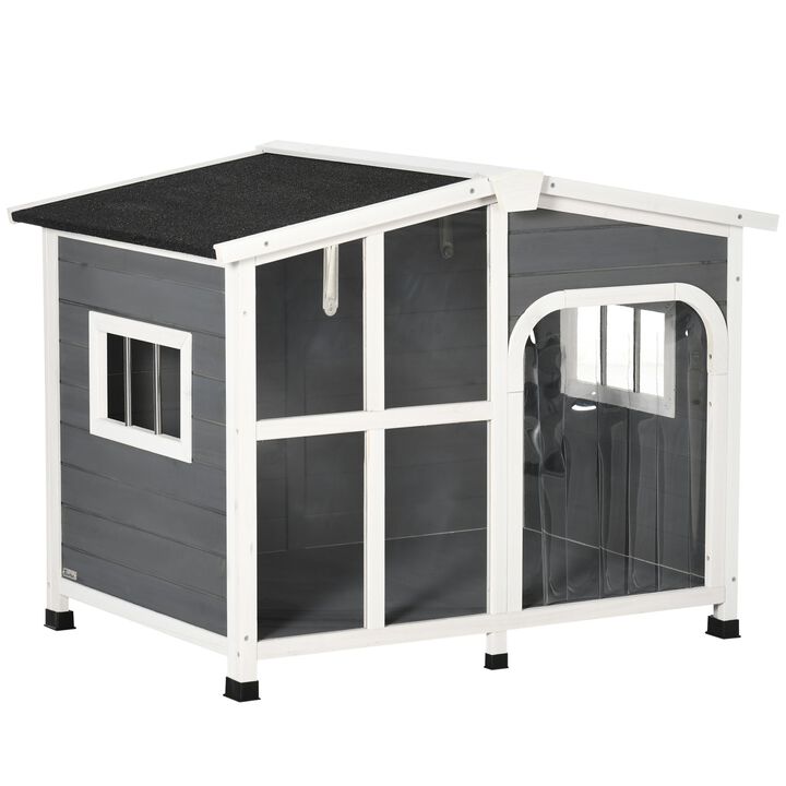 Wooden Dog House Outdoor with Removable Bottom, Cabin Style Raised Pet Cottage, Weather Resistance, with Openable Roof, Door Curtain, for Large Sized Dog, Dark Gray