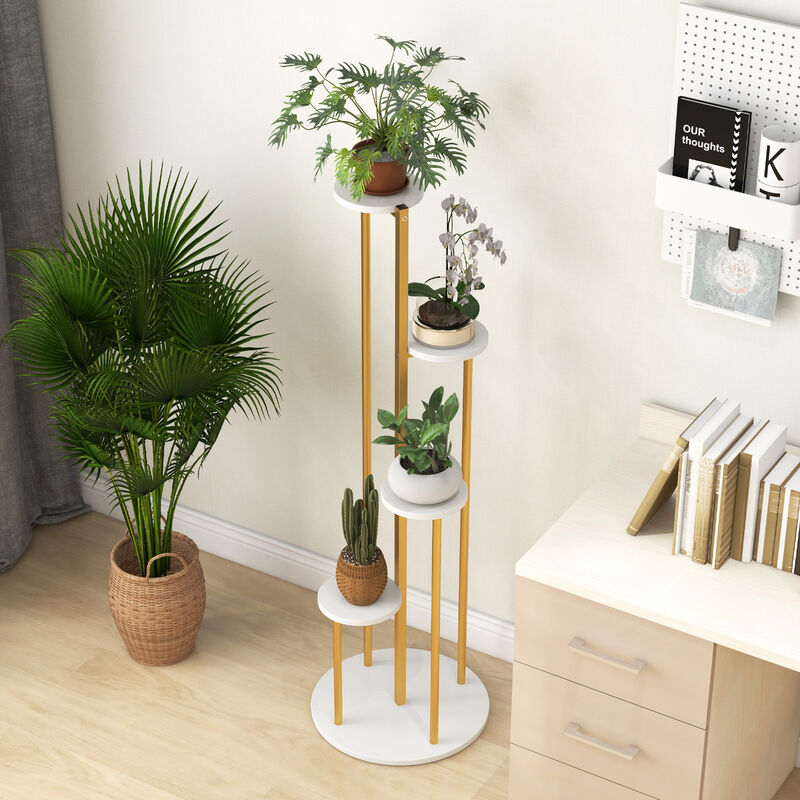 Indoor Metal Plant Stand Corner Plant Shelf for Potted Plant with Golden Metal Frame-White