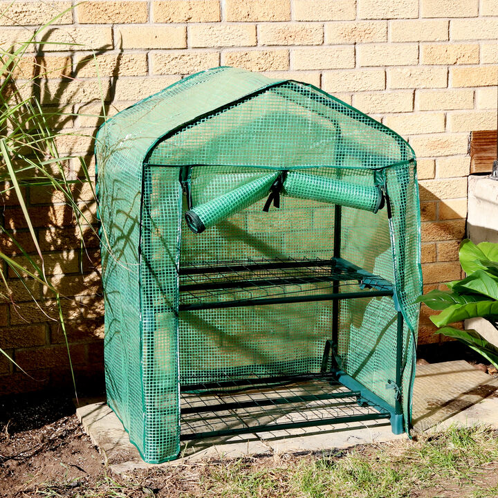 Sunnydaze 2-Tier Steel PVC Cover Mini Greenhouse and Roll-Up Zipper - Green