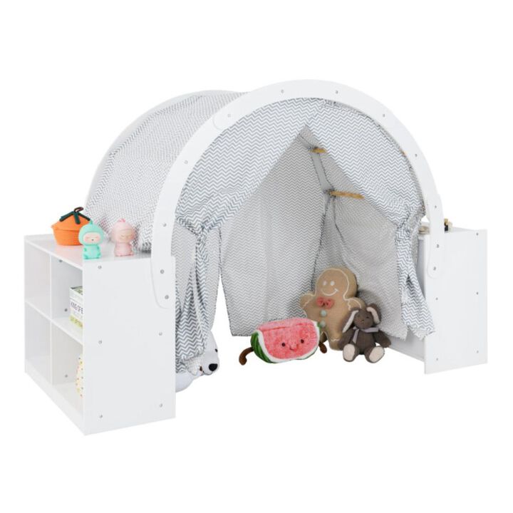 Hivvago Wooden Kids Play Tent with Curtain Shades and 8 Cubbies