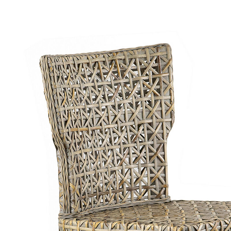 22 Inch Side Dining Chair, Woven Rattan Backrest and Seat, Weathered Gray - Benzara