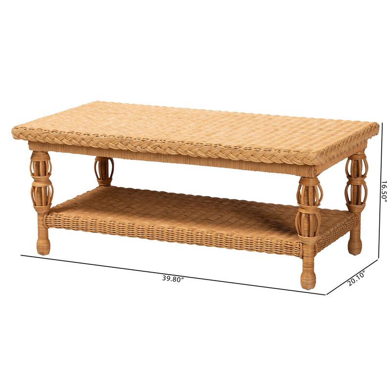 bali & pari Dolby Natural Rattan Coffee Table - Handwoven Wicker Accent Table with Lower Shelf, Coastal Boho Style Living Room Centerpiece