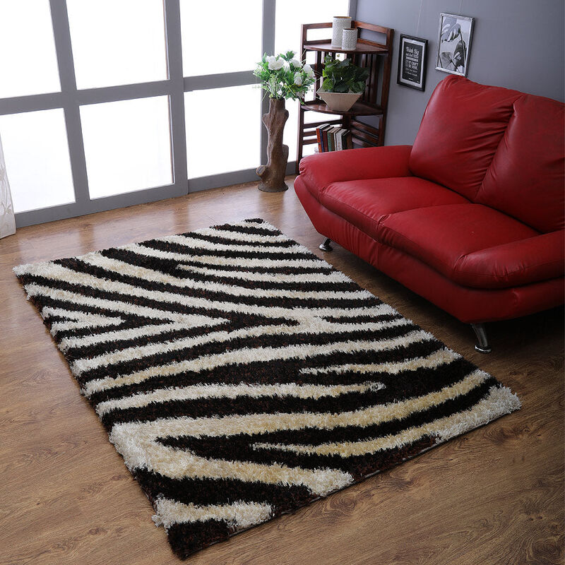 RUGSOTIC CARPETS HAND TUFTED SHAG POLYESTER ECO-FRIENDLY AREA RUGS  - 6'x9', Rectangle, Brown Ivory, Contemporary Modern Design, High Pile Thick Handmade Anti Skid Rugs for Living Room K00037