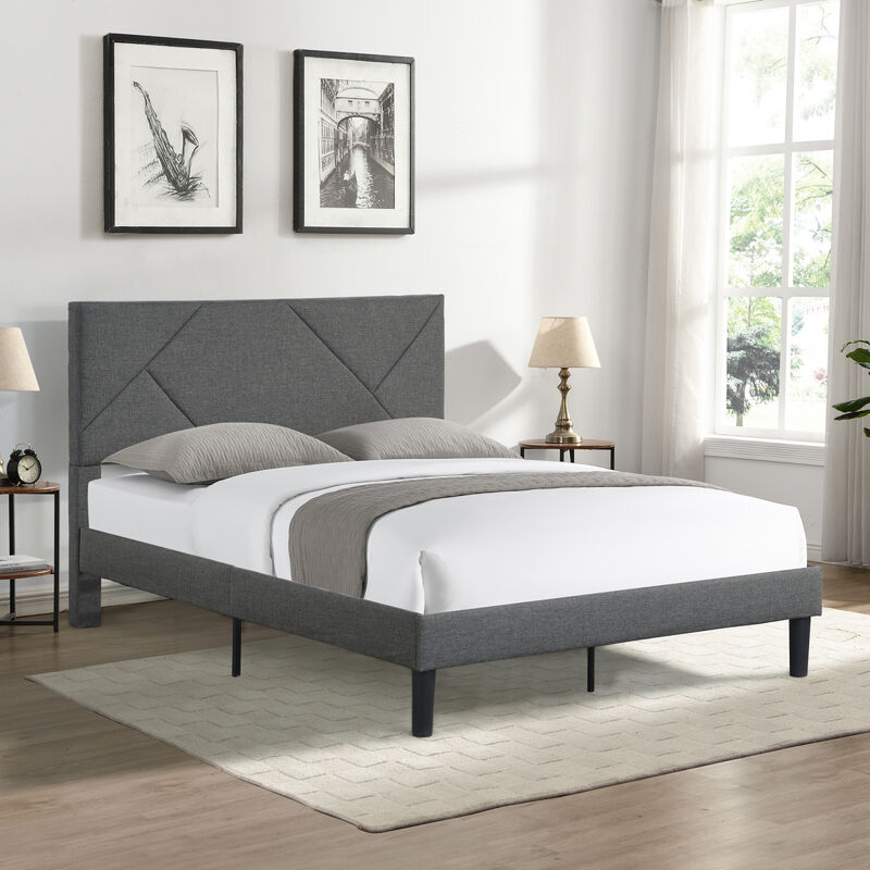 Full Size Upholstered Platform Bed Frame with Headboard, Strong Wood Slat Support, Mattress Foundation, No Box Spring Needed, Easy Assembly, Gray