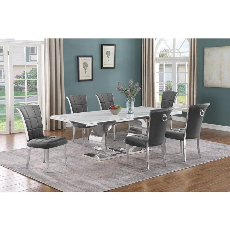 Best Quality Furniture 7pc Large (87) marble top dining set with silver base and 6 Dark grey chairs