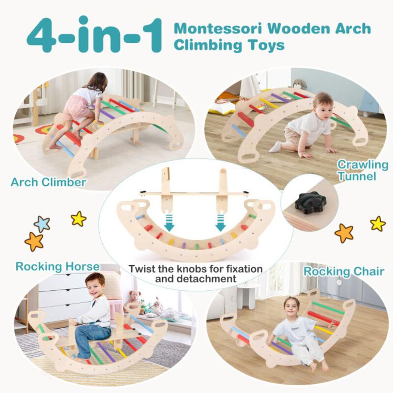 Hivvago 4-in-1 Multifunctional Wooden Climbing Toys with Rocker and Crawling Tunnel