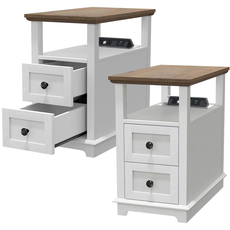 HIFYOBRO End Table with Flip Top Charging Station Set of 2, White Side Table with 2 Drawers, Type-C & USB Port & Power outlets,