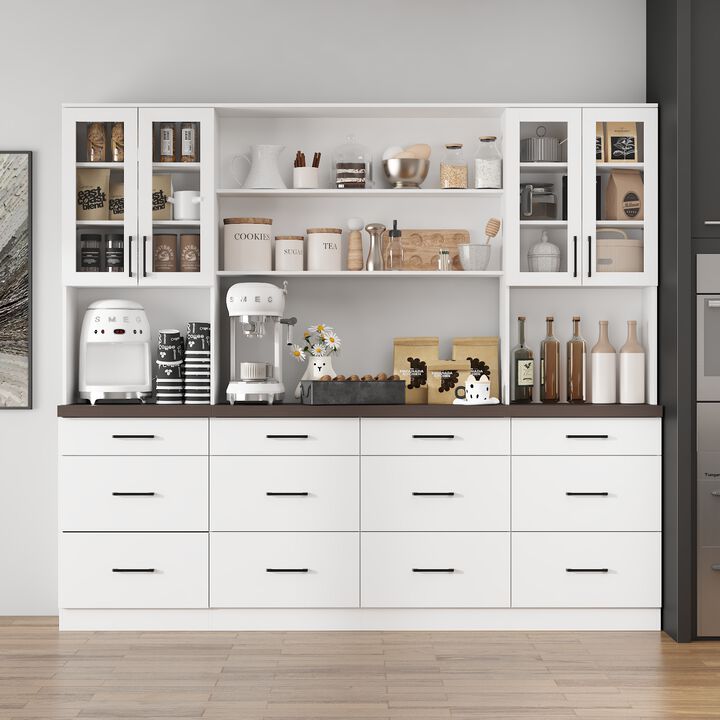 FUFU&GAGA 94.5" Kitchen Storage Cabinet with Glass Doors and Drawers, (94.5" W x 15.8" D x 83.3" H), Grey