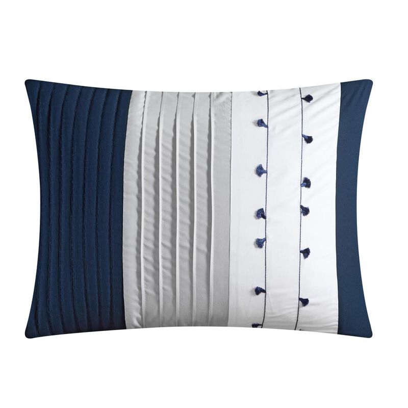 Chic Home Lainy Comforter Set Color Block Pleated Ribbed Embroidered Design Bedding Navy, Queen