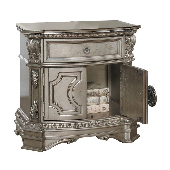 Wood Top Nightstand With One Drawer And Two Door Shelf, Antique Champagne-Benzara