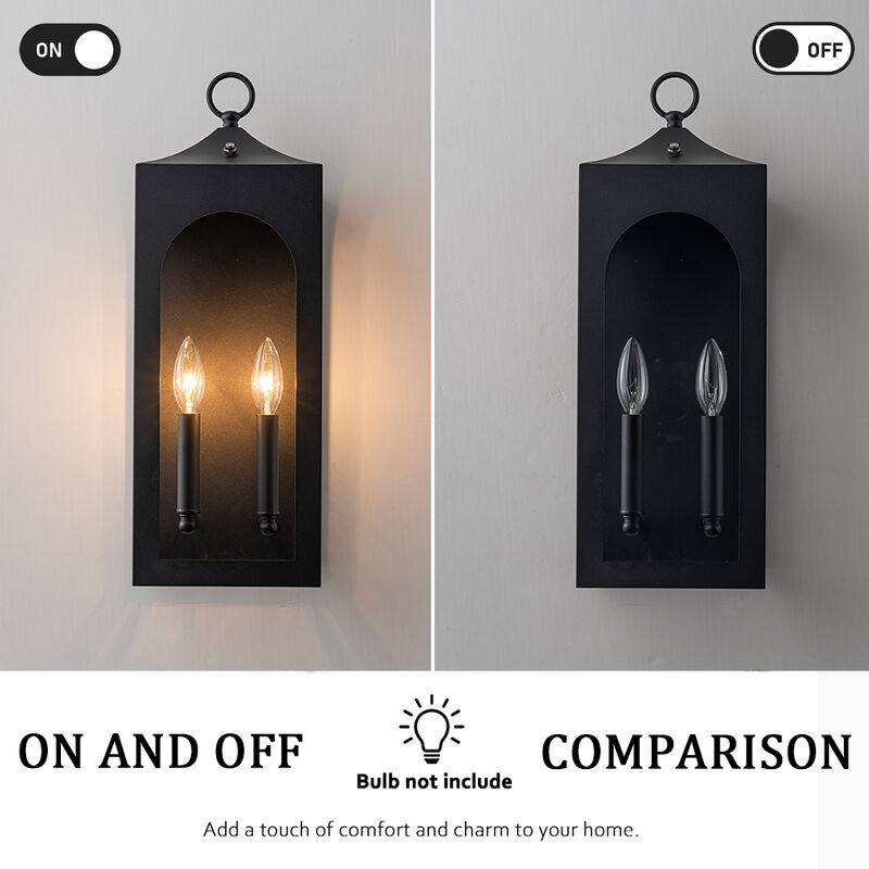 H20" 2-Lights Large Dusk to Dawn Outdoor Wall Lantern Unique/Statement Black Exterior Wall Sconce with Dual Candle Lights and Roof Top Design for Entryway Garage image number 5