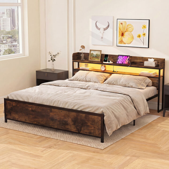 Modern LED Bed Frame with Charging Station and Storage Headboard for Bedroom