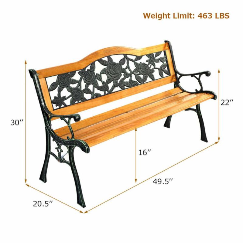 Hivvago Garden Bench Chair Outdoor Wooden Loveseat with Iron Armrest