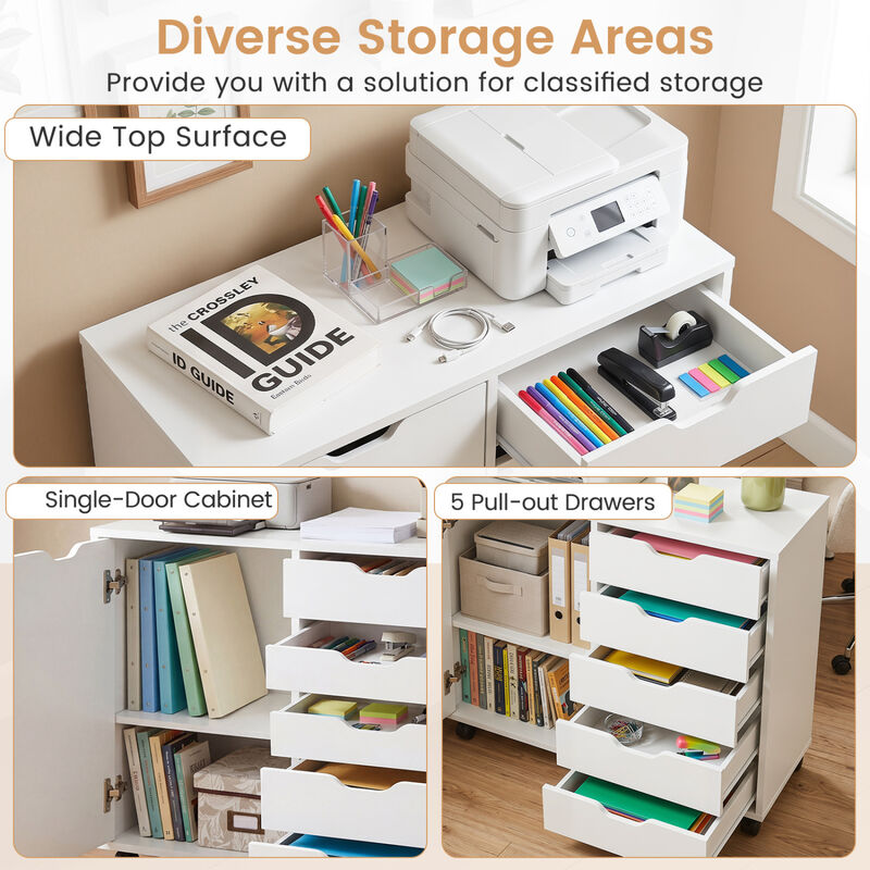 5 Drawer Storage Cabinet on Wheels with Adjustable Shelf Organizer image number 5