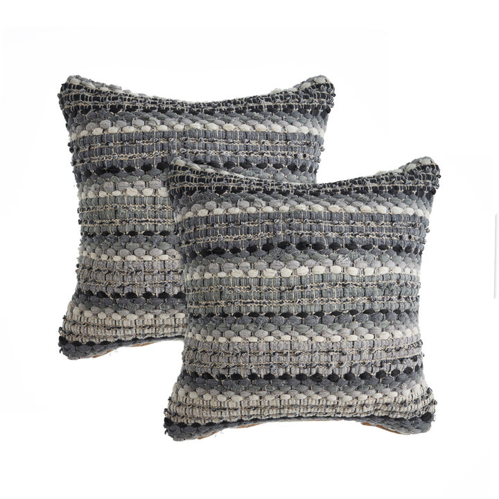 HomeRoots Set of Two 18" Black Gray and Ivory Striped Cotton Blend Throw Pillows with Texture