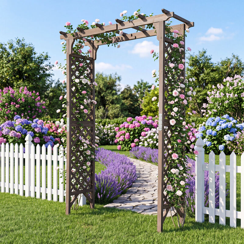 85 Inch Wooden Garden Arch with Gate for Climbing Plants and Weddings image number 2